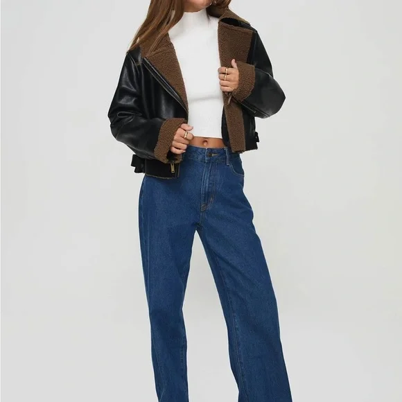 Princess Polly Shearling Trim Faux Leather Jacket Black Size 0 NWOT - Picture 2 of 5